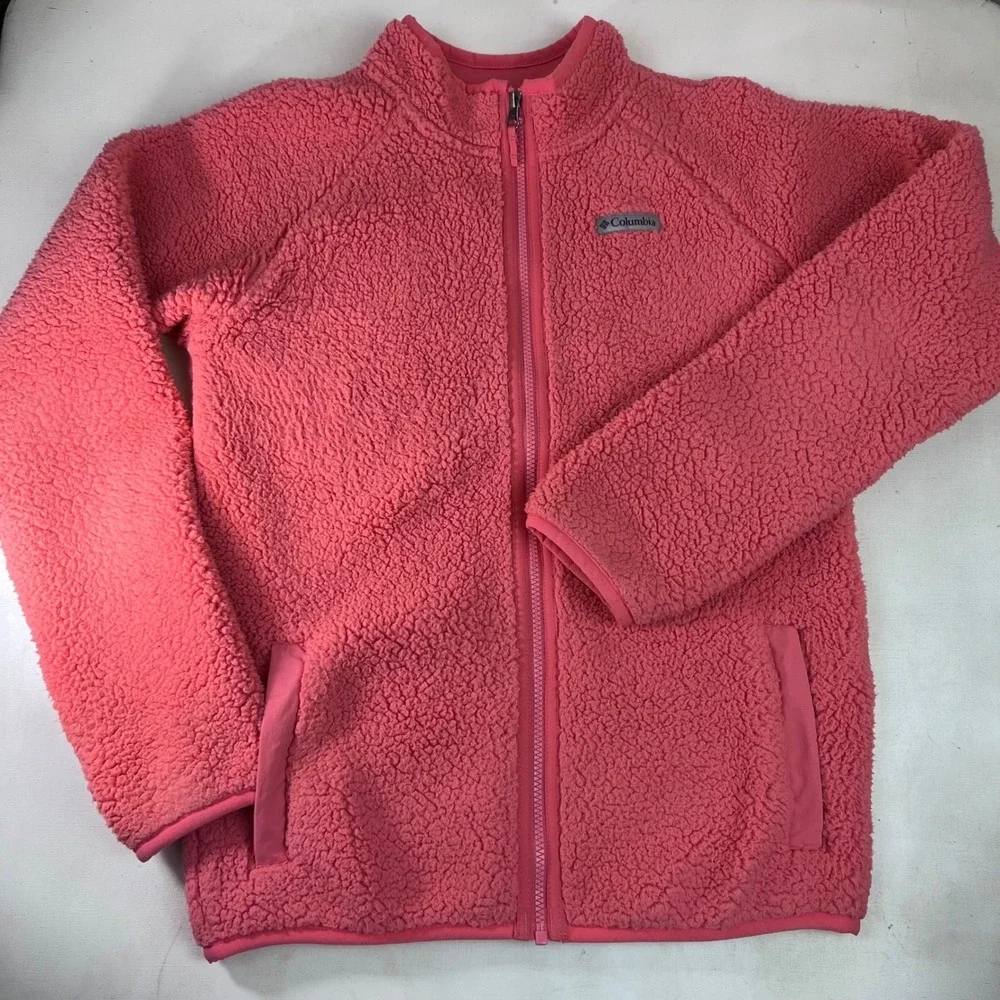 Columbia Coral Pink Fuzzy Fleece Jacket XL Full‎ Zip Girls Outdoor, Cozy READ